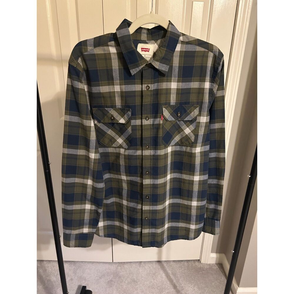 Levi's Men's S Plaid Button Down Long Sleeve Shirt Olive Navy